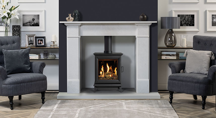 Sheraton 5 Gas, shown with Clarmount Antique White Marble mantel