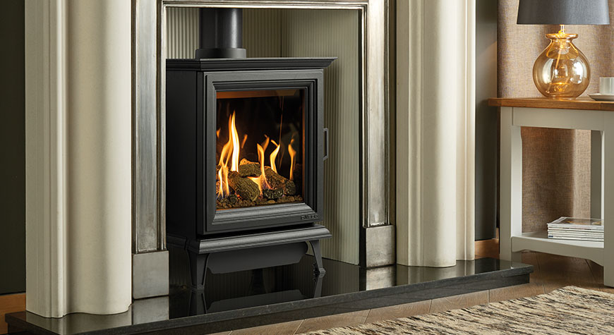 Sheraton 5 Gas, shown with Gazco Grafton Limestone mantel and Belgravia polished cast front