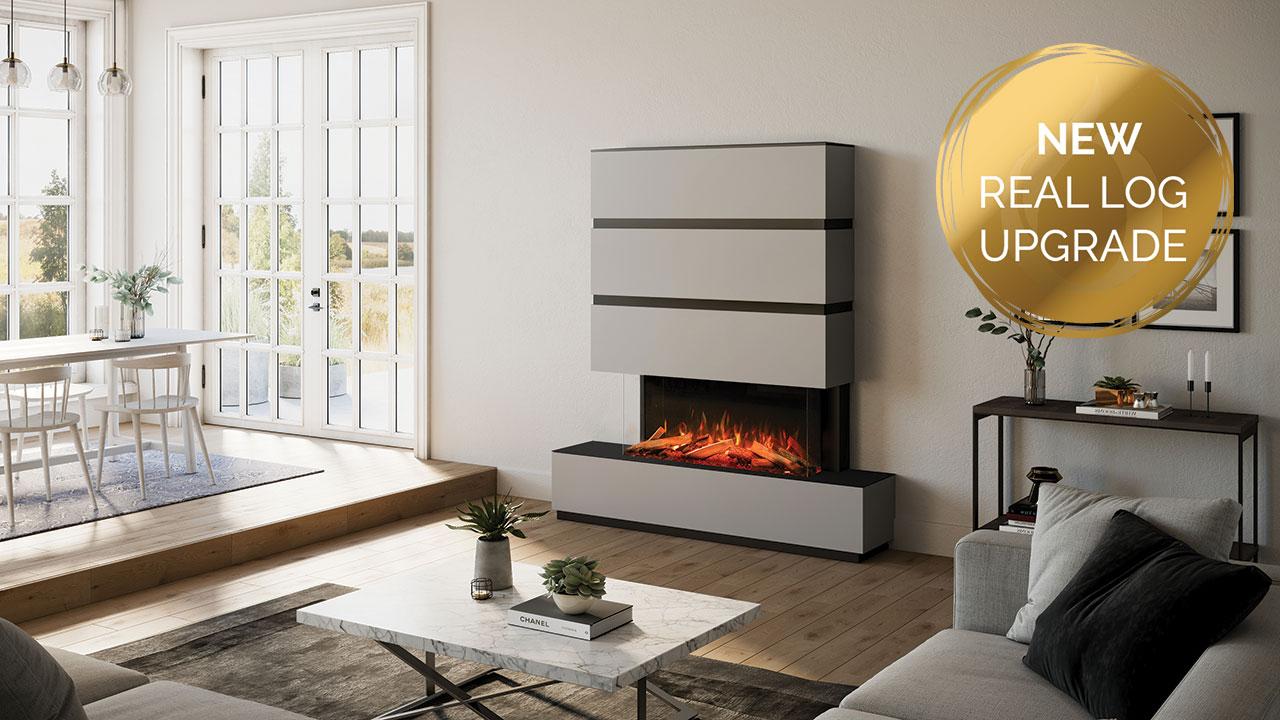 Onyx Avanti 110RW electric fire with optional Luxury Logscape real wood log set, installed with a Milazzo Suite base consisting of three top sections in grey and various trim and infill options Wall Mounted Electric Fires