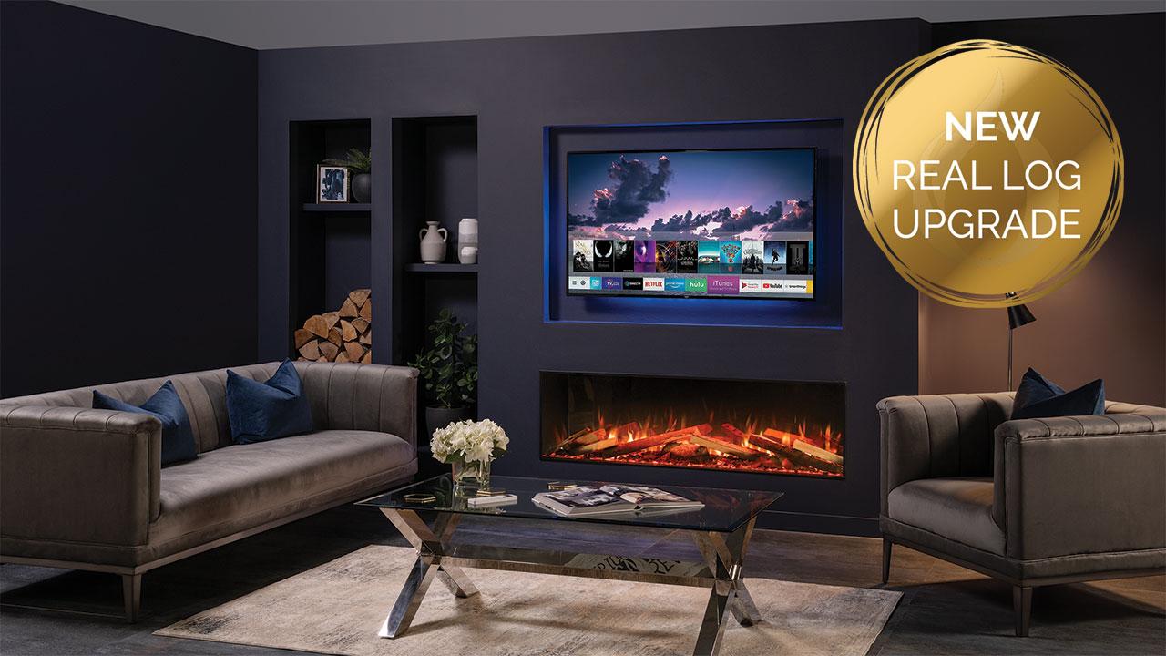 Onyx Avanti 150RW inset electric fire installed in a media wall with optional Luxury Logscape real wood log set. Shown with optional Mood Lighting System installed. Media Wall Electric Fires & Fireplaces