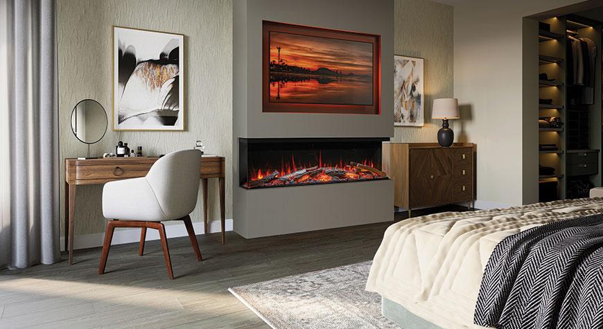 Onyx Avita 160RW electric fire, installed as a three-sided fire within a bedroom setting. 