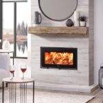 Stovax Studio Air 1 Edge inset log burner. Shown with Storm Grey Decorative Trim and Optional Reverse Door Hanging Kit.