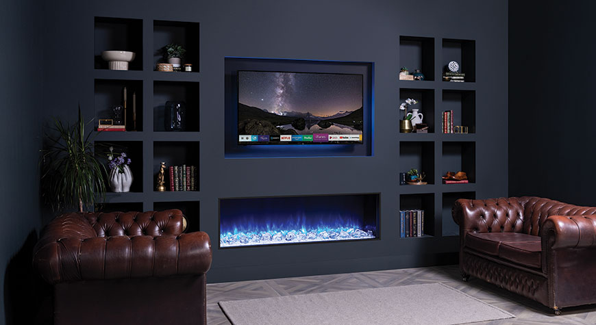 'fake' log burner media wall. Electric fireplace media wall.