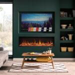 Log burner in new build. Wood burner in new build. Gazco eStudio electric fire media wall.