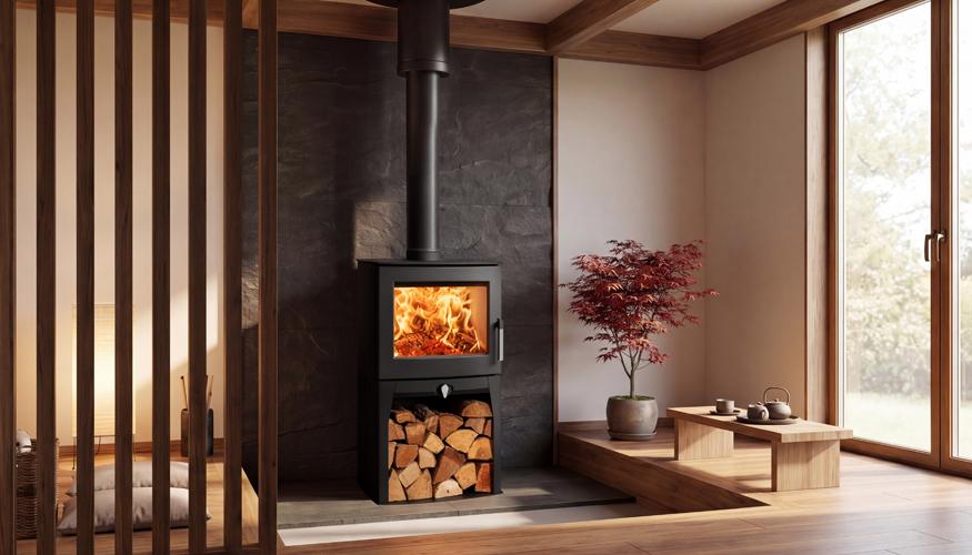 Japandi interior with a log burner