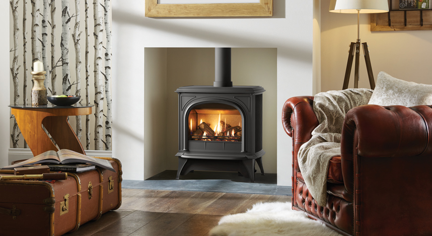 Gazco Huntingdon 40 gas stove with clear door in Matt Black.