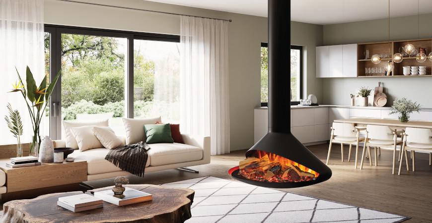 Hanging Log burner. Onyx Orbit electric fireplace.