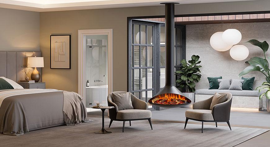 Cosy bedroom featuring the Onyx Orbit ceiling hung electric fire