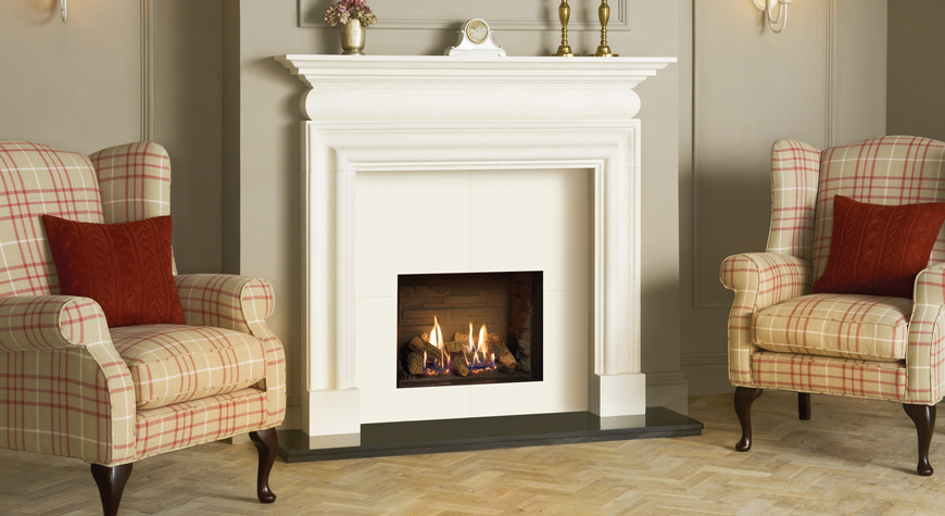 Gazco Riva2 500 Edge gas fire with Ledgestone effect lining lining shown with Cavendish Bolection limestone