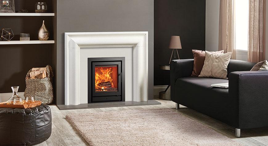 Stovax Riva2 55 Ecodesign fire, and Profil 3-sided frame in Grafton Limestone Mantel