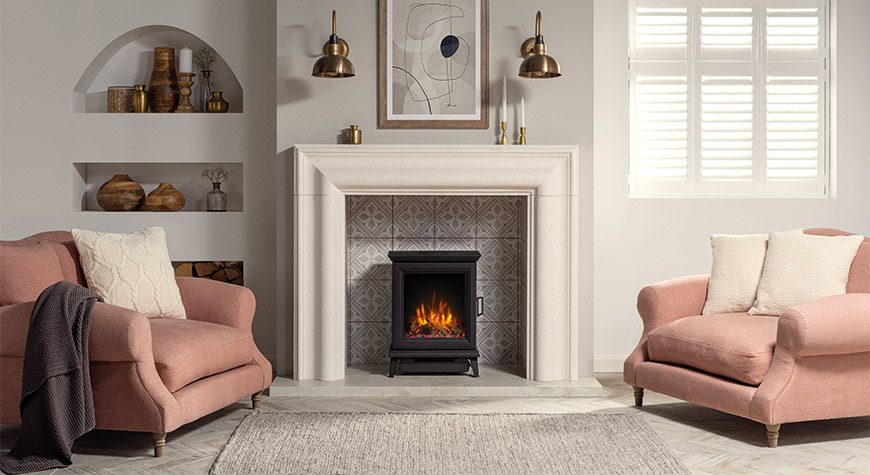 Sheraton 5 Electric with Log & Pebble fuel effect and Amber flame setting with Grafton Limestone mantel