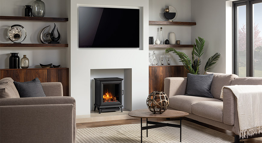 Sheraton 5 Electric with Log & Pebble fuel effect and Amber flame setting