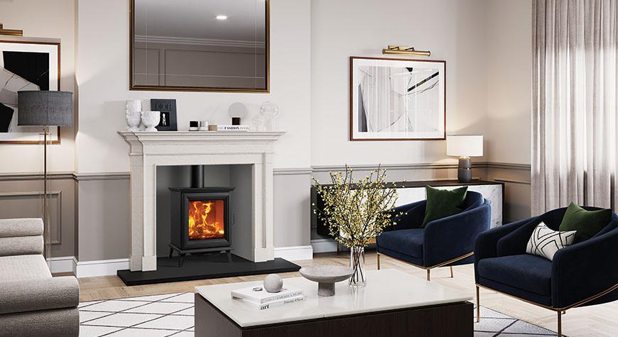 Stovax Sheraton 5 wood burning stove. Shown with Sandringham Stone Mantel