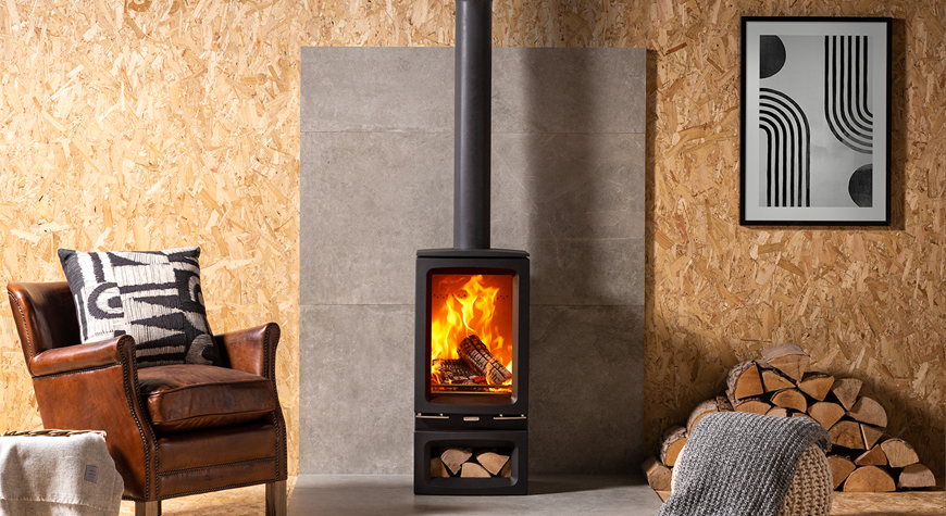 Stovax Vogue Small T wood burning stove with optional Midline Log Store base