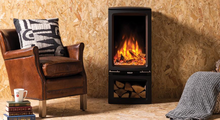 Log burner in shed. Gazco Vogue Midi T electric artificial log burner