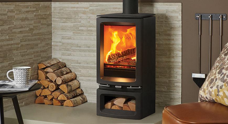 Stovax Vogue Small T multi-fuel stove with optional Midline Log Store base