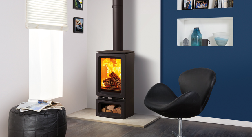 Stovax Vogue Small T wood burning stove with optional Midline Log Store base